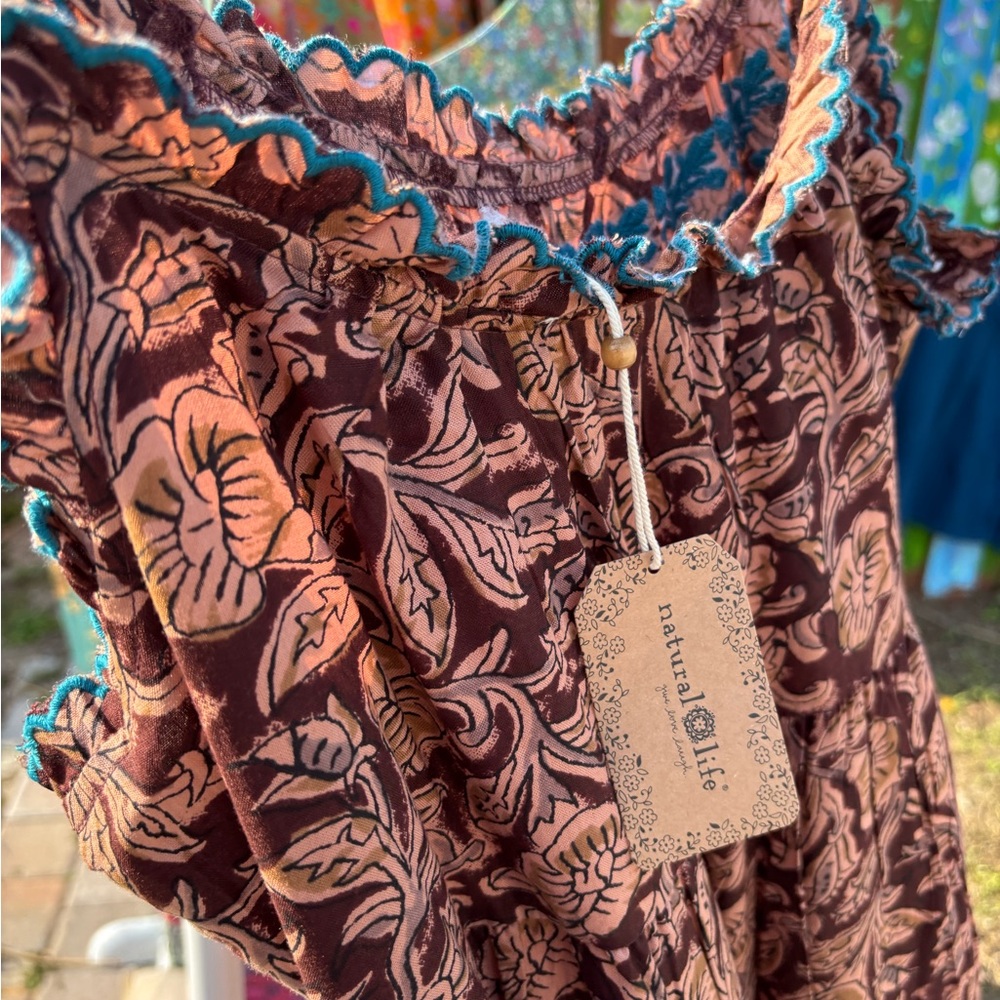 NATURAL LIFE Brown Floral Jumpsuit wide leg with Teal Trim